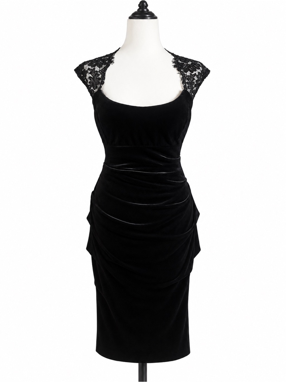 NWT Caché Black Lace Cap Sleeve Keyhole Back Peplum Sheath Dress Size 4